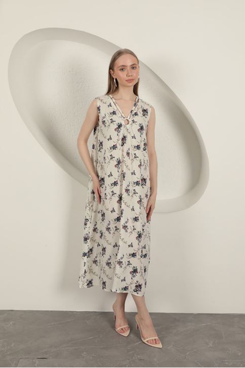 Viskon Kumaş Çiçek Desenli Elbise-Ekru