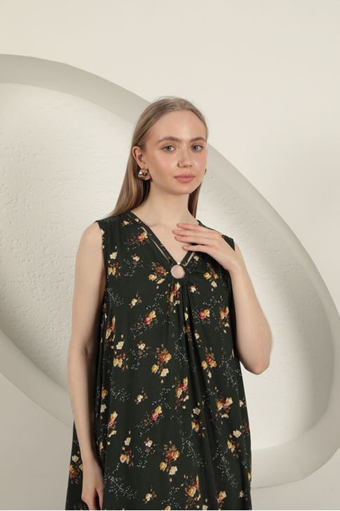 Viskon Kumaş Çiçek Desenli Elbise-Haki