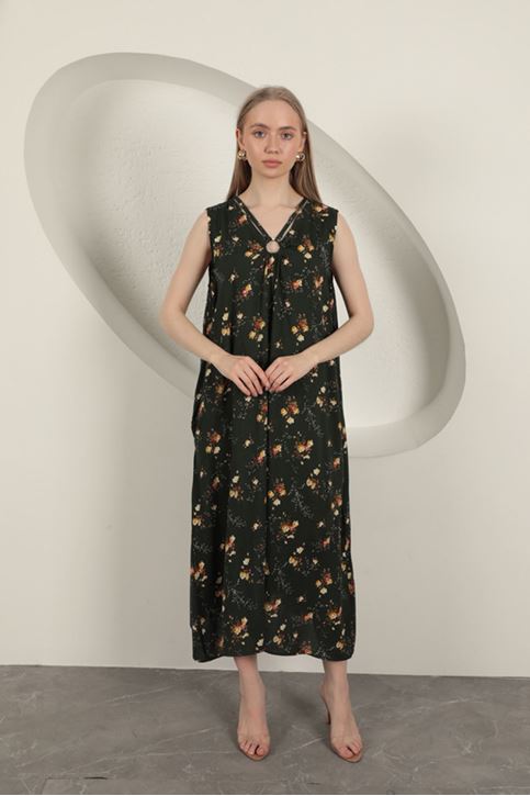 Viskon Kumaş Çiçek Desenli Elbise-Haki