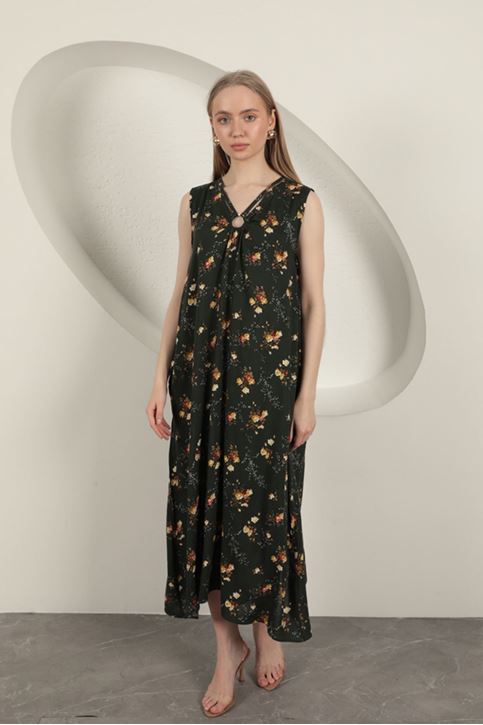 Viskon Kumaş Çiçek Desenli Elbise-Haki