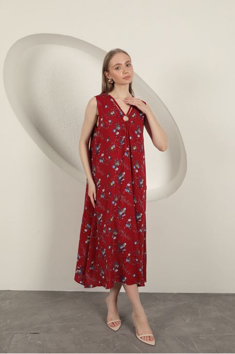 Viskon Kumaş Çiçek Desenli Elbise-Kırmızı