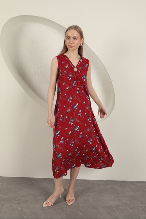 Viskon Kumaş Çiçek Desenli Elbise-Kırmızı