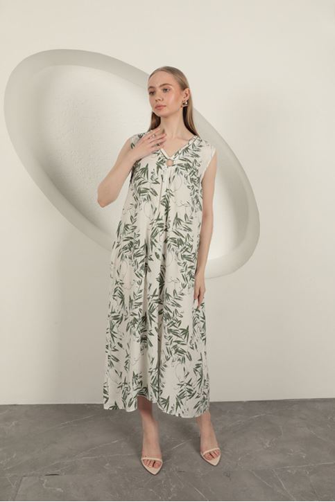 Viskon Kumaş Yaprak Desenli Elbise-Yeşil