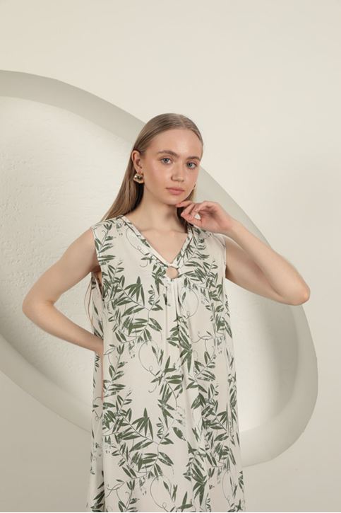 Viskon Kumaş Yaprak Desenli Elbise-Yeşil