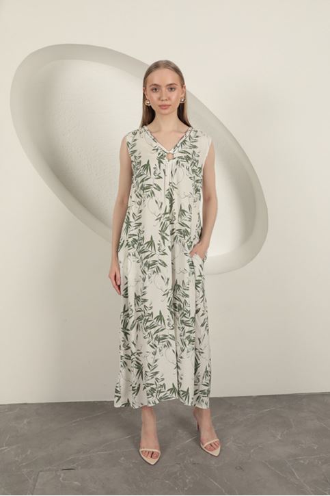 Viskon Kumaş Yaprak Desenli Elbise-Yeşil