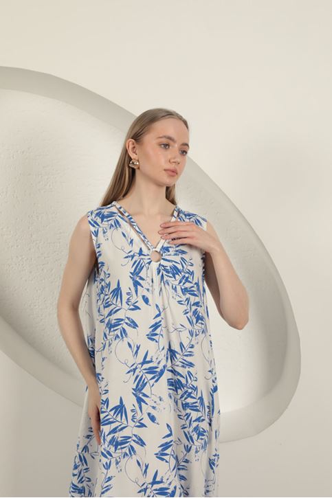 Viskon Kumaş Yaprak Desenli Elbise-Saks