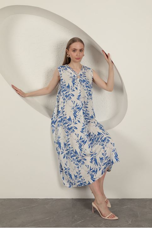 Viskon Kumaş Yaprak Desenli Elbise-Saks