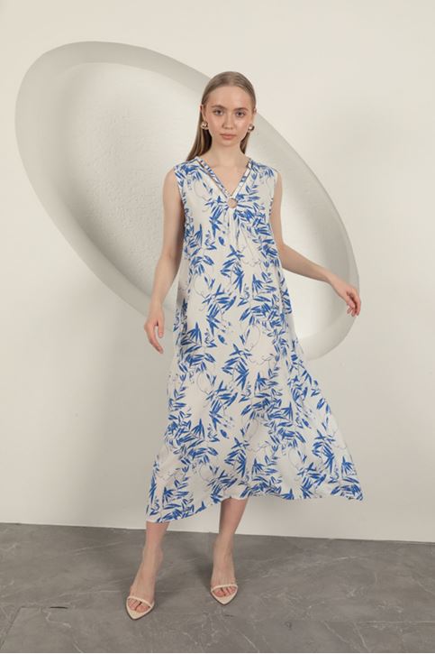 Viskon Kumaş Yaprak Desenli Elbise-Saks