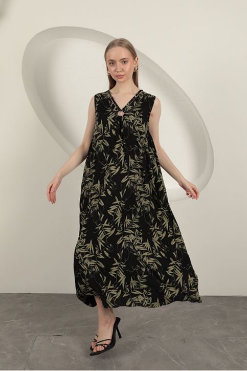 Viskon Kumaş Yaprak Desenli Elbise-Haki