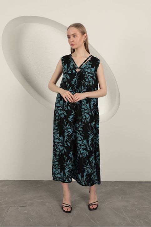 Viskon Kumaş Yaprak Desenli Elbise-Mavi