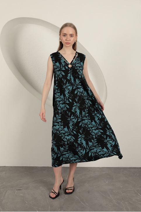 Viskon Kumaş Yaprak Desenli Elbise-Mavi