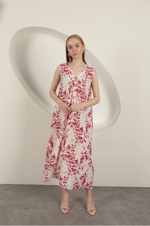 Viskon Kumaş Yaprak Desenli Elbise-Kırmızı