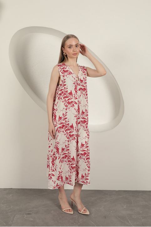 Viskon Kumaş Yaprak Desenli Elbise-Kırmızı