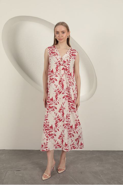 Viskon Kumaş Yaprak Desenli Elbise-Kırmızı