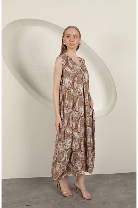 Viskon Kumaş Etnik Desenli Elbise-Bej