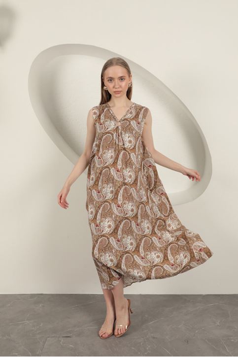 Viskon Kumaş Etnik Desenli Elbise-Bej
