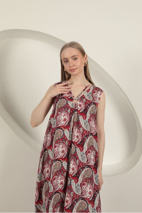 Viskon Kumaş Etnik Desenli Elbise-Kırmızı