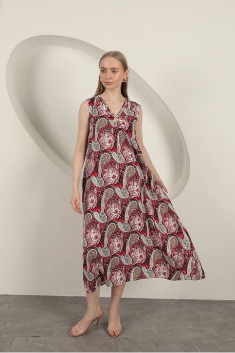 Viskon Kumaş Etnik Desenli Elbise-Kırmızı