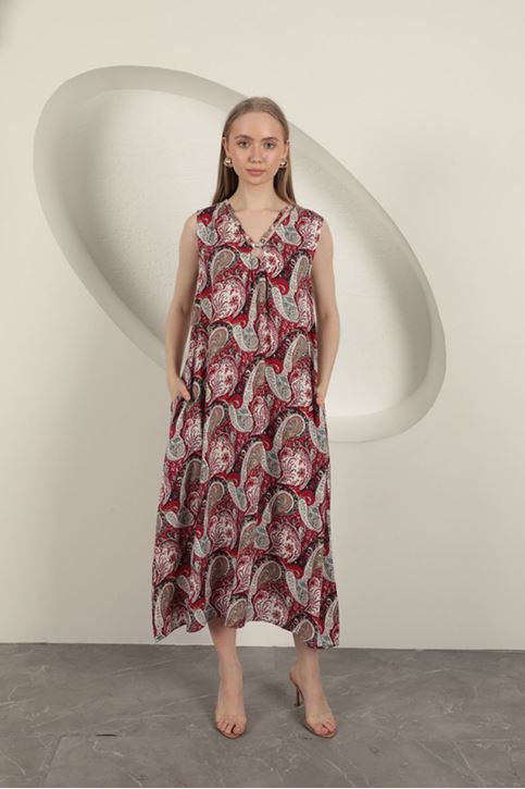 Viscose Fabric Ethnic Patterned Dress-Red