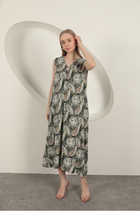 Viskon Kumaş Etnik Desenli Elbise-Yeşil