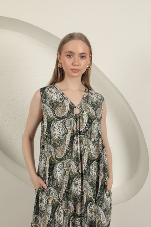 Viskon Kumaş Etnik Desenli Elbise-Yeşil