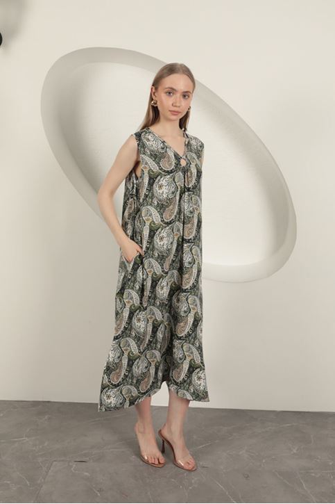 Viskon Kumaş Etnik Desenli Elbise-Yeşil