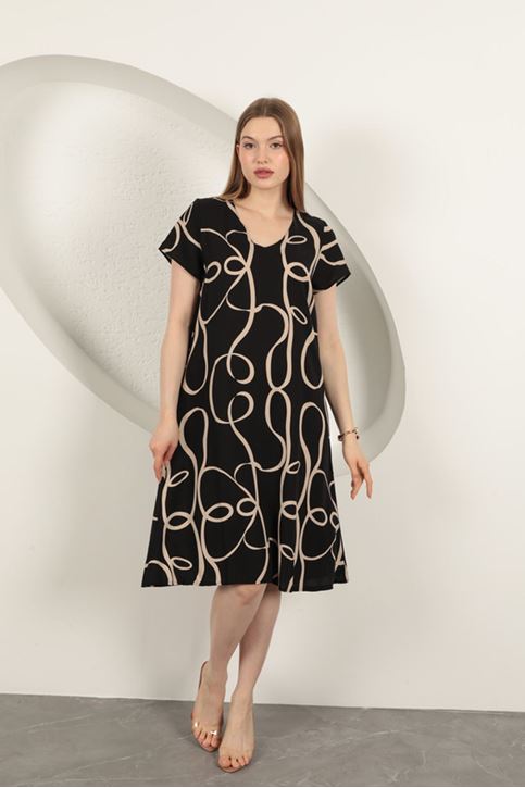 Viskon Kumaş Çizgi Desenli Elbise-Siyah/Bej