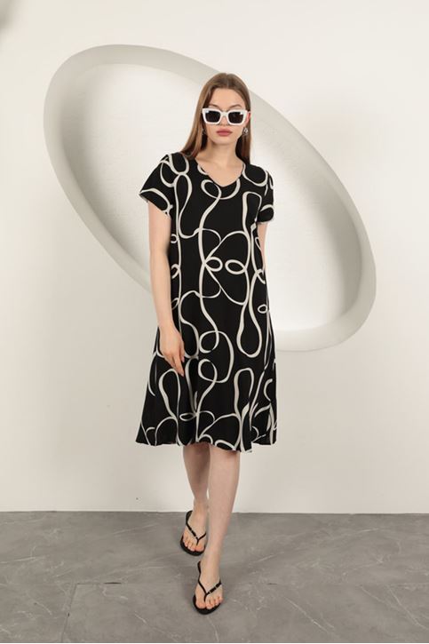 Viskon Kumaş Çizgi Desenli Elbise-Siyah/Ekru