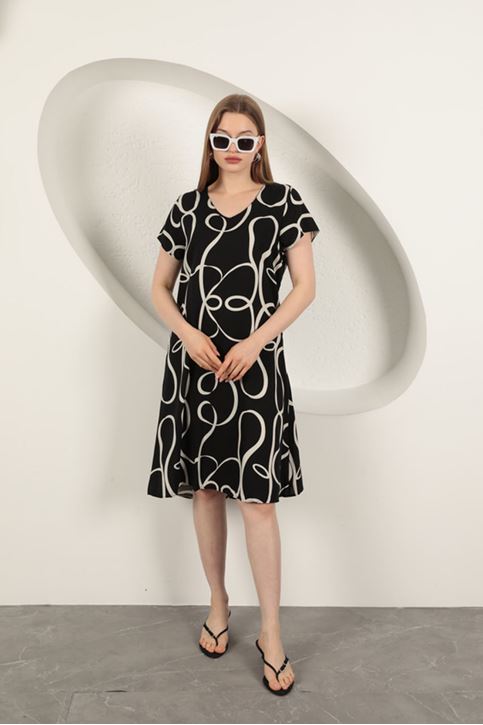 Viskon Kumaş Çizgi Desenli Elbise-Siyah/Ekru