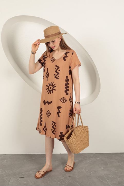 Viscose Fabric Ethnic Dress-Tan