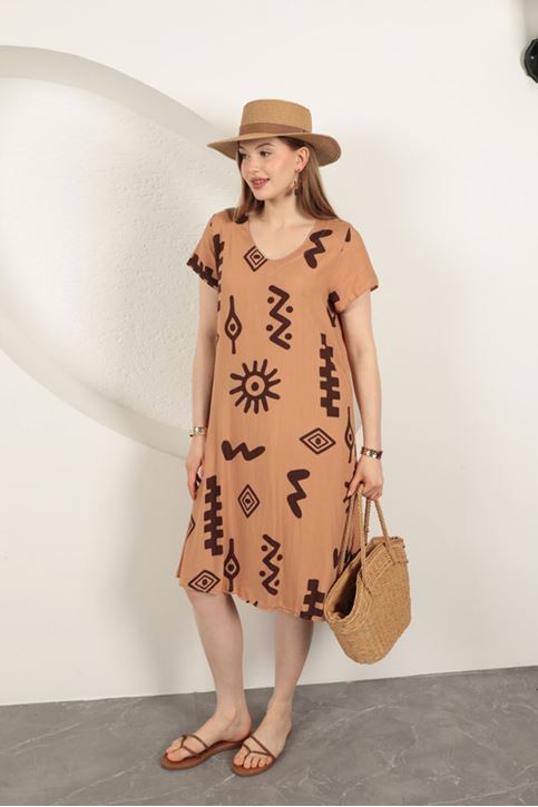 Viscose Fabric Ethnic Dress-Tan
