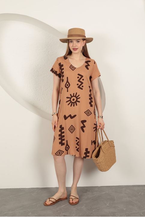 Viscose Fabric Ethnic Dress-Tan