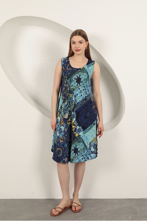 Viskon Kumaş Etnik Desenli Elbise-Saks