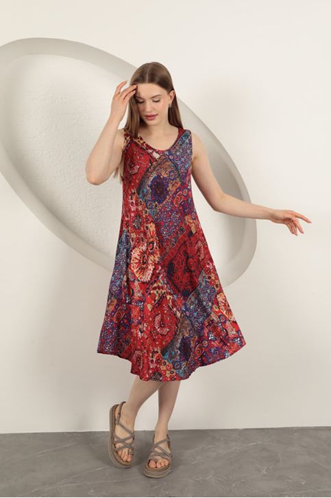 Viskon Kumaş Etnik Desenli Elbise-Kırmızı