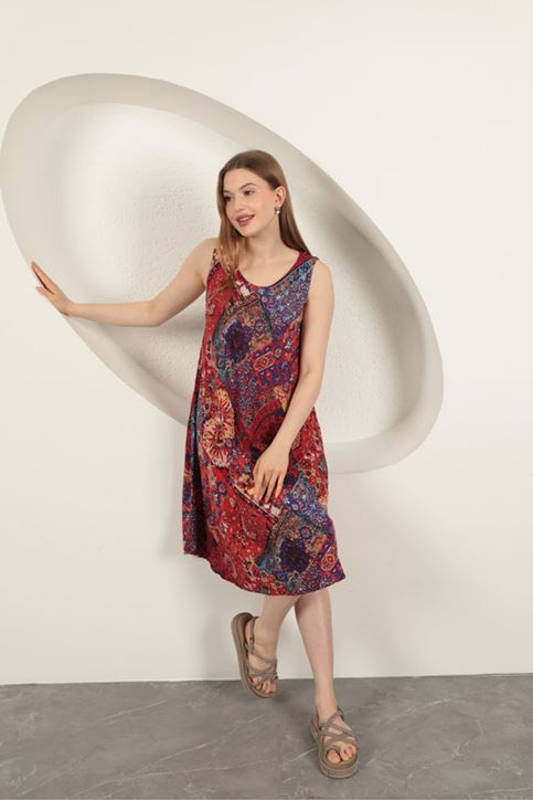 Viskon Kumaş Etnik Desenli Elbise-Kırmızı