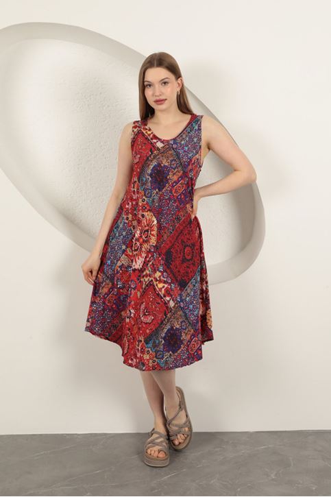 Вискозная ткань Этническое узорчатое платье-красный