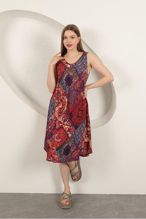 Viskon Kumaş Etnik Desenli Elbise-Kırmızı