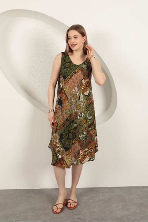 Viskon Kumaş Etnik Desenli Elbise-Yeşil