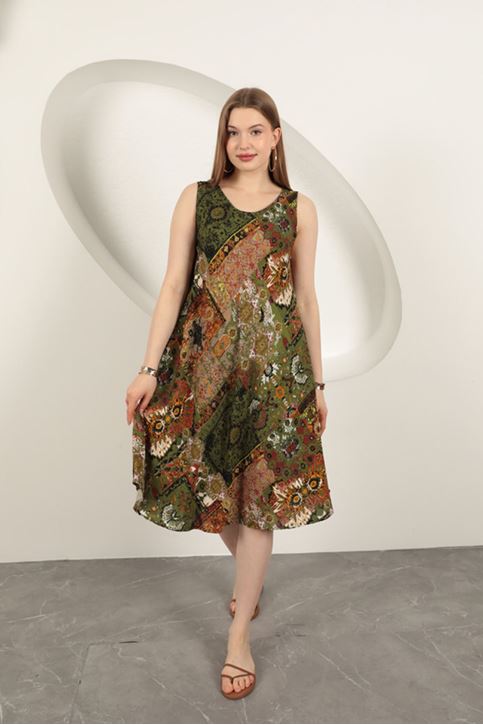 Viskon Kumaş Etnik Desenli Elbise-Yeşil