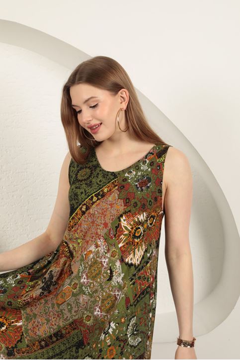 Viskon Kumaş Etnik Desenli Elbise-Yeşil