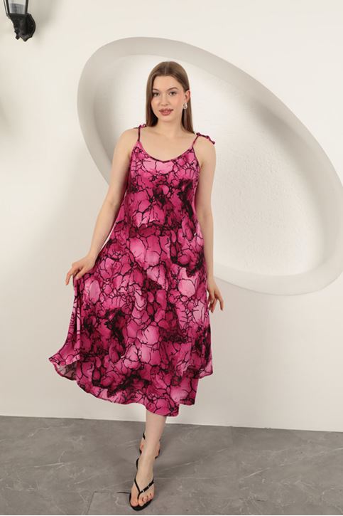 Viskon Kumaş Sulu Boya Desenli Elbise-Fuşya