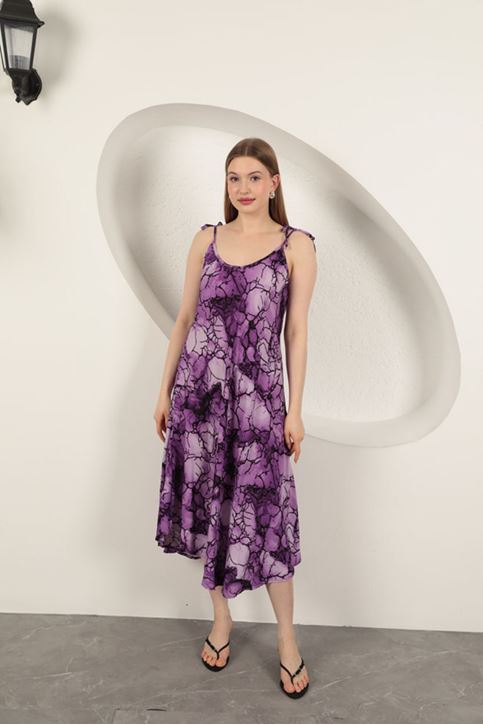 Viskon Kumaş Sulu Boya Desenli Elbise-Mor