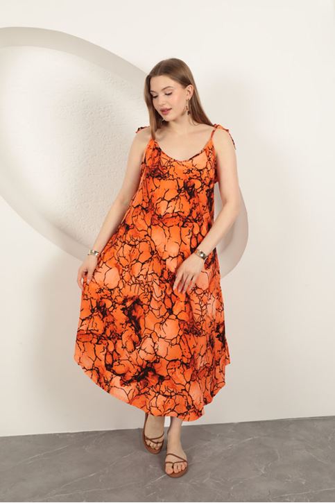 Viskon Kumaş Sulu Boya Desenli Elbise-Oranj