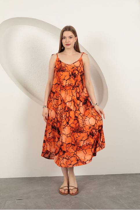 Viskon Kumaş Sulu Boya Desenli Elbise-Oranj