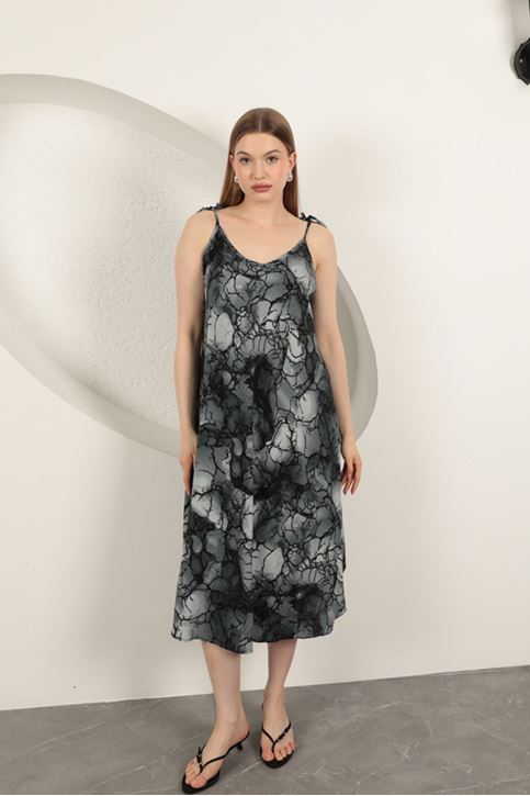 Viskon Kumaş Sulu Boya Desenli Elbise-Siyah