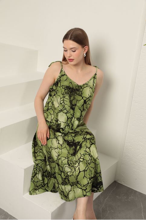 Viskon Kumaş Sulu Boya Desenli Elbise-Yağ Yeşili