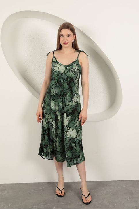 Viskon Kumaş Sulu Boya Desenli Elbise-Yeşil