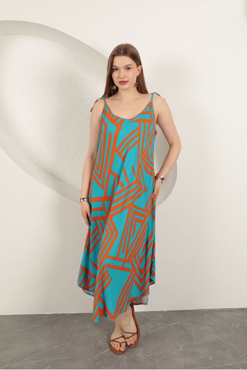 Viskon Kumaş Çizgili Elbise-Oranj