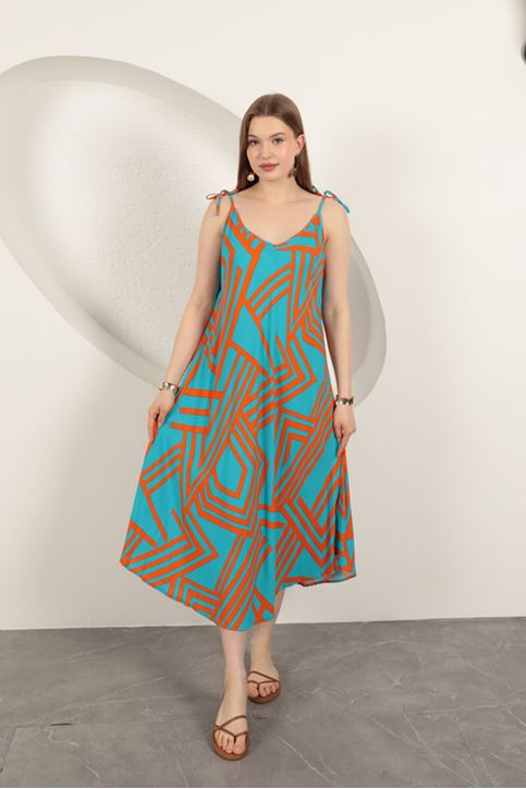 Viskon Kumaş Çizgili Elbise-Oranj