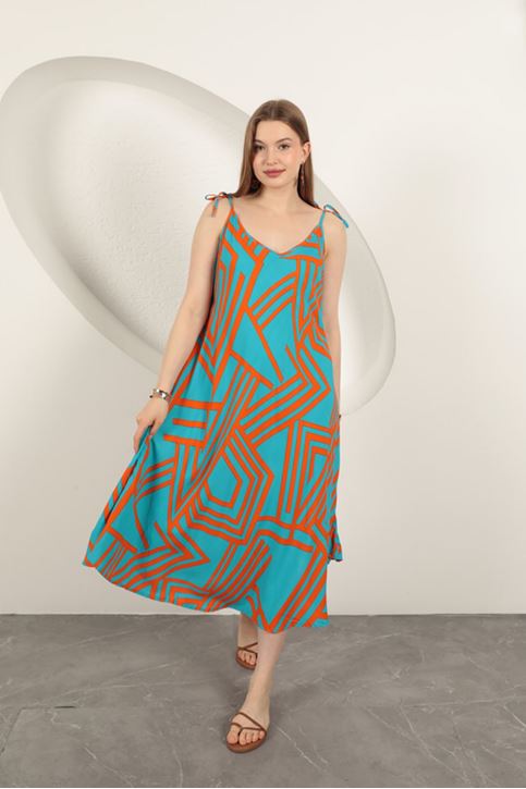 Viskon Kumaş Çizgili Elbise-Oranj